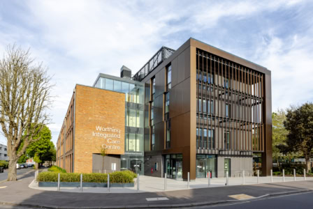 Modern healthcare building at The Worthing Integrated Care Centre in Worthing.
